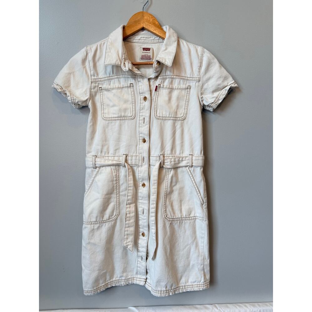 Levi's Girls Utility Denim Dress Short Belted Cream Off White Size L 12-13